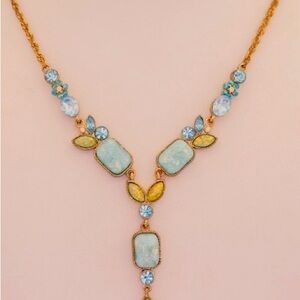 Nancy and Rise Gold Tone Opalite & Blue Rhinestone Necklace and Earrings Set